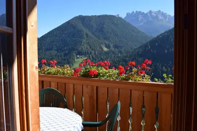 a table and chairs on a balcony with red flowers at Kellnerhof in Nova Levante