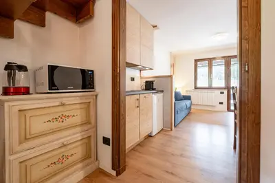 a kitchen with a microwave oven and a kitchen sidx sidx sidx sidx at Un respiro nel bosco - Residence Cèsa Da Mont in Penia