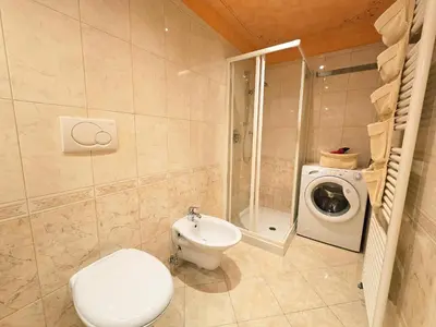 a bathroom with a toilet and a washing machine at Essenze di Bosco - Alpine Stay Apartments in Predazzo