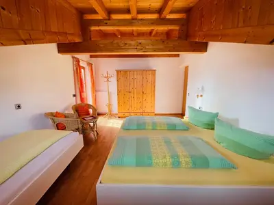 two beds in a room with wooden ceilings at Apartment Oberhauserhof in Falzes