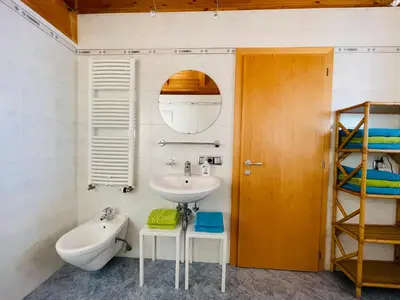 a bathroom with a sink and a toilet and a ladder at Apartment Oberhauserhof in Falzes