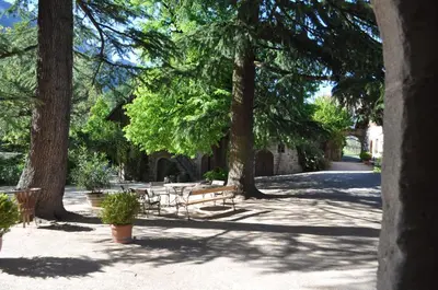 a park with benches and trees in the shade at Schloss Englar in Appiano sulla Strada del Vino