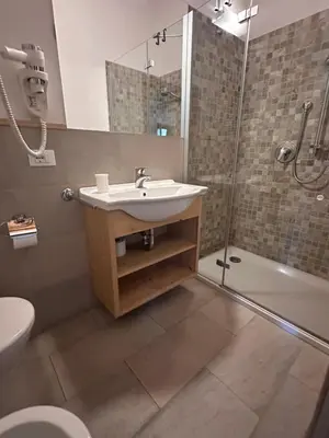 a bathroom with a sink and a shower at Apartments DAMONT in Santa Cristina in Val Gardena