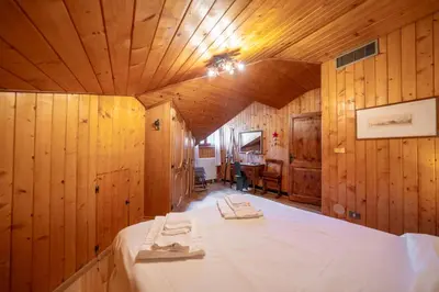 a bedroom with wooden walls and a bed in a room at Picia Ciasa - Charming attic in paradise in San Vito di Cadore