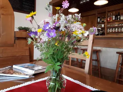 a vase filled with flowers sitting on a table at Albergo al Sole in Val di Zoldo