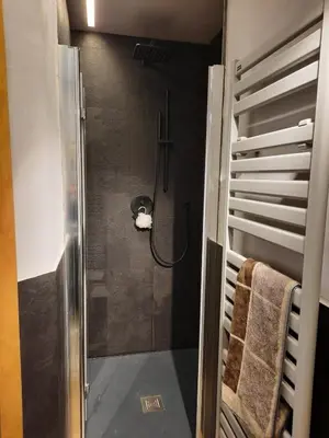 a shower with a glass door in a bathroom at Esclusivo soggiorno a Cortina d'Ampezzo in Cortina dʼAmpezzo