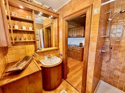 a bathroom with a sink and a shower at Ca del Rio - Cortina in Cortina dʼAmpezzo