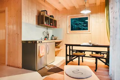 a kitchen with a stove and a table in a room at Forest Chalet Resort FELIZITAS in San Felice