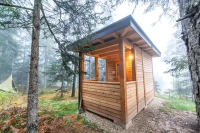 a small wooden cabin in the woods with trees at Forest Chalet Resort FELIZITAS in San Felice