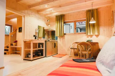 a room with a kitchen and a living room with wooden walls at Forest Chalet Resort FELIZITAS in San Felice