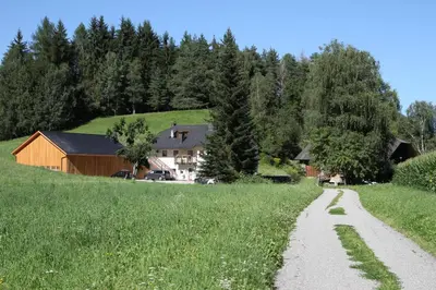 a dirt road in a field with a house at Ferienwohnung Pirchner in San Lorenzo di Sebato