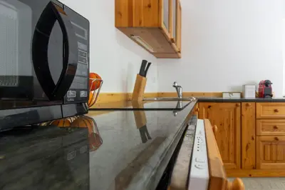 a kitchen with a counter top with a microwave at Dolomiapartments - Appartamento Centrale in Predazzo