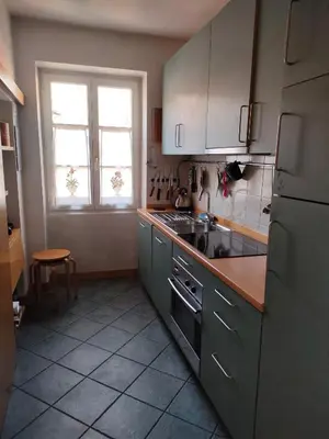 a kitchen with a refrigerator and a sink and a window at Appartamento Maso Tati in Predazzo