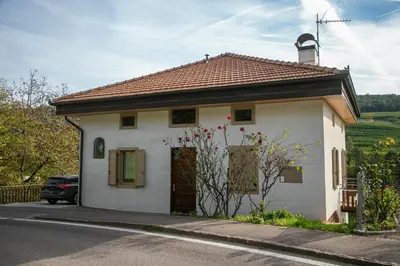 a small white house on the side of a road at Casa Maia in Sanzeno
