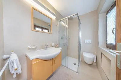 a bathroom with a sink and a toilet and a shower at Garni Tramans in Selva di Val Gardena