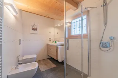 a bathroom with a shower and a sink at The Love Chalet in Falcade