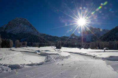 a snow covered field with the sun in the sky at Appartament Alpenheim in Ferrara