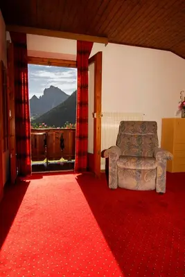a living room with a chair and a red carpet at Appartament Alpenheim in Ferrara