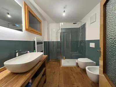 a bathroom with a large white sink and a shower at Ciasa dei Pomi Apartment in Sfruz