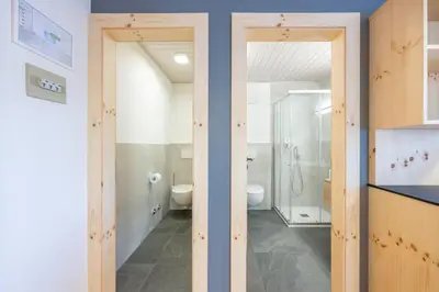 a bathroom with a shower and a toilet at Mountain Vibes Colfosco in Colfosco