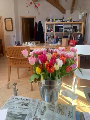a vase of flowers sitting on a table at Sunflower House in Bolzano