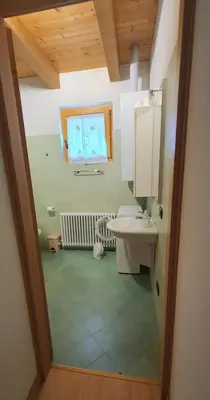 a bathroom with a sink and a mirror at Sunny and cosy holiday apartment in the Dolomites in Pianaz