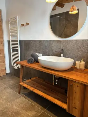 a bathroom with a white sink and a mirror at Berg Apartment Vajolet - Unterweger Berg Apartments in Tisens