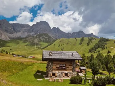 a log cabin in a field with mountains in the background at Suite Chalet Stella Margherita in Passo San Pellegrino