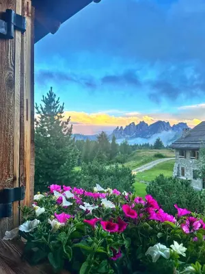 a window with pink and white flowers and mountains at Suite Chalet Stella Margherita in Passo San Pellegrino