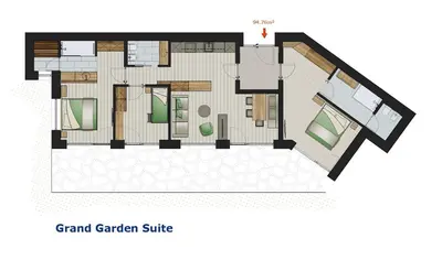 a floor plan of a grand garden suite at Florisa Mountain Chalet in Tires