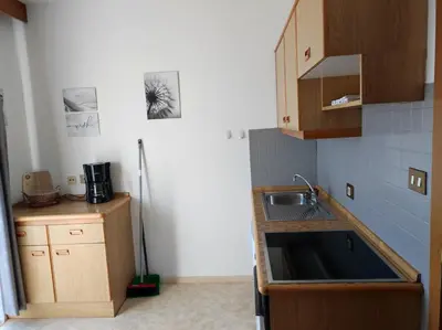 a small kitchen with a sink and a refrigerator at Apartment Kapplerhof in Lana