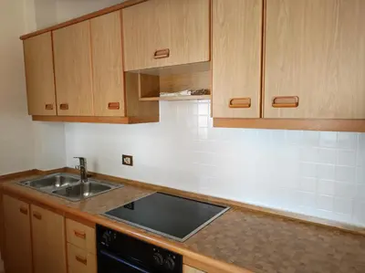 a kitchen with a sink and wooden cabinets at Apartment Kapplerhof in Lana