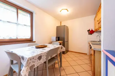 a kitchen with a table with chairs and a refrigerator at Cesa de Sass in Mazzin