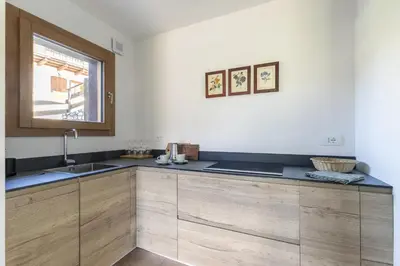 a kitchen with wooden cabinets and a sink at REMO 4 by WelcHome in San Vito di Cadore