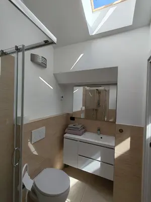 a bathroom with a toilet and a sink and a skylight at Casanna in Cavareno