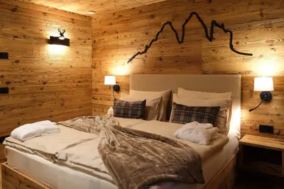 a bed in a room with a wooden wall at Leos Chalet in Valdaora di Sopra