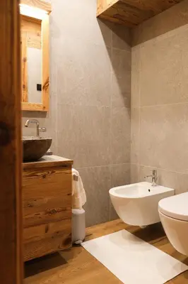 a bathroom with a sink and a toilet in it at Leos Chalet in Valdaora di Sopra