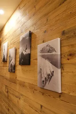 a wall with four pictures on a wooden wall at Leos Chalet in Valdaora di Sopra