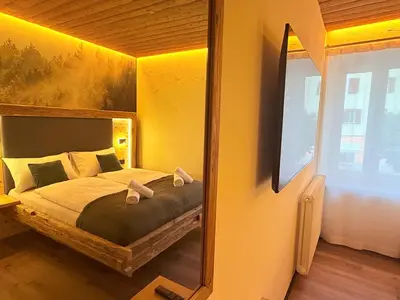 a bedroom with a large mirror and a bed at Il bosco di Fiemme in Predazzo
