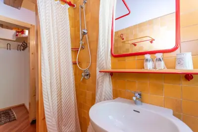 a bathroom with a sink and a mirror at Dolomite View Loft in Colle Santa Lucia