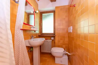 a small bathroom with a sink and a toilet at Dolomite View Loft in Colle Santa Lucia