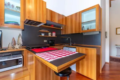 a kitchen with wooden cabinets and a counter top at Dolomite View Loft in Colle Santa Lucia