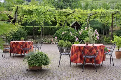 a patio with two tables and chairs with plants at Apartments Gasserhof in Lagundo