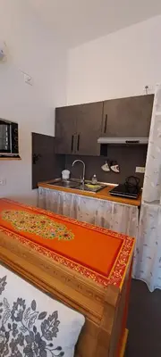 a kitchen with a counter and a sink and a counter top at La Tana della Volpe, Falcade - BL in Falcade