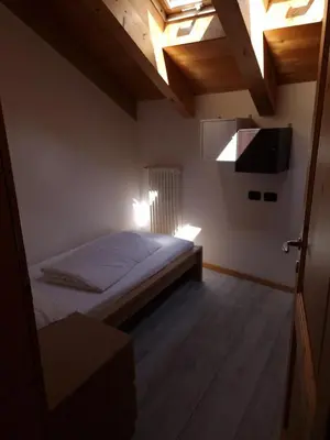 a bedroom with a bed in a room with a skylight at Cesa Pegghy in Canazei