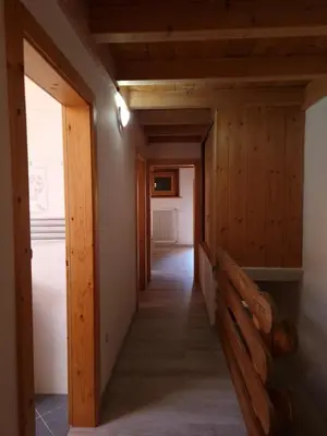 a hallway in a house with wooden walls and wooden floors at Cesa Pegghy in Canazei