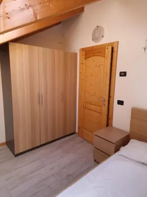 a bedroom with a bed and a wooden door at Cesa Pegghy in Canazei