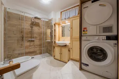 a bathroom with a washing machine and a sink at Antico Fienile in Borca di Cadore