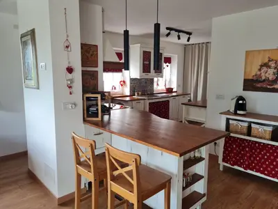 a kitchen with a wooden table and two chairs at Finestra sulle Vette in Tesero