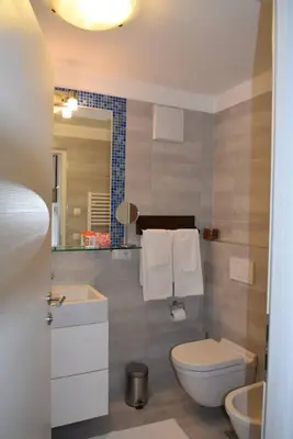 a bathroom with a toilet and a sink and a mirror at Casa di Maria Grazia in Bressanone